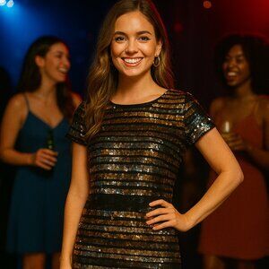 New York & Company Black and Gold, Silver Sequined  Dress - Size M